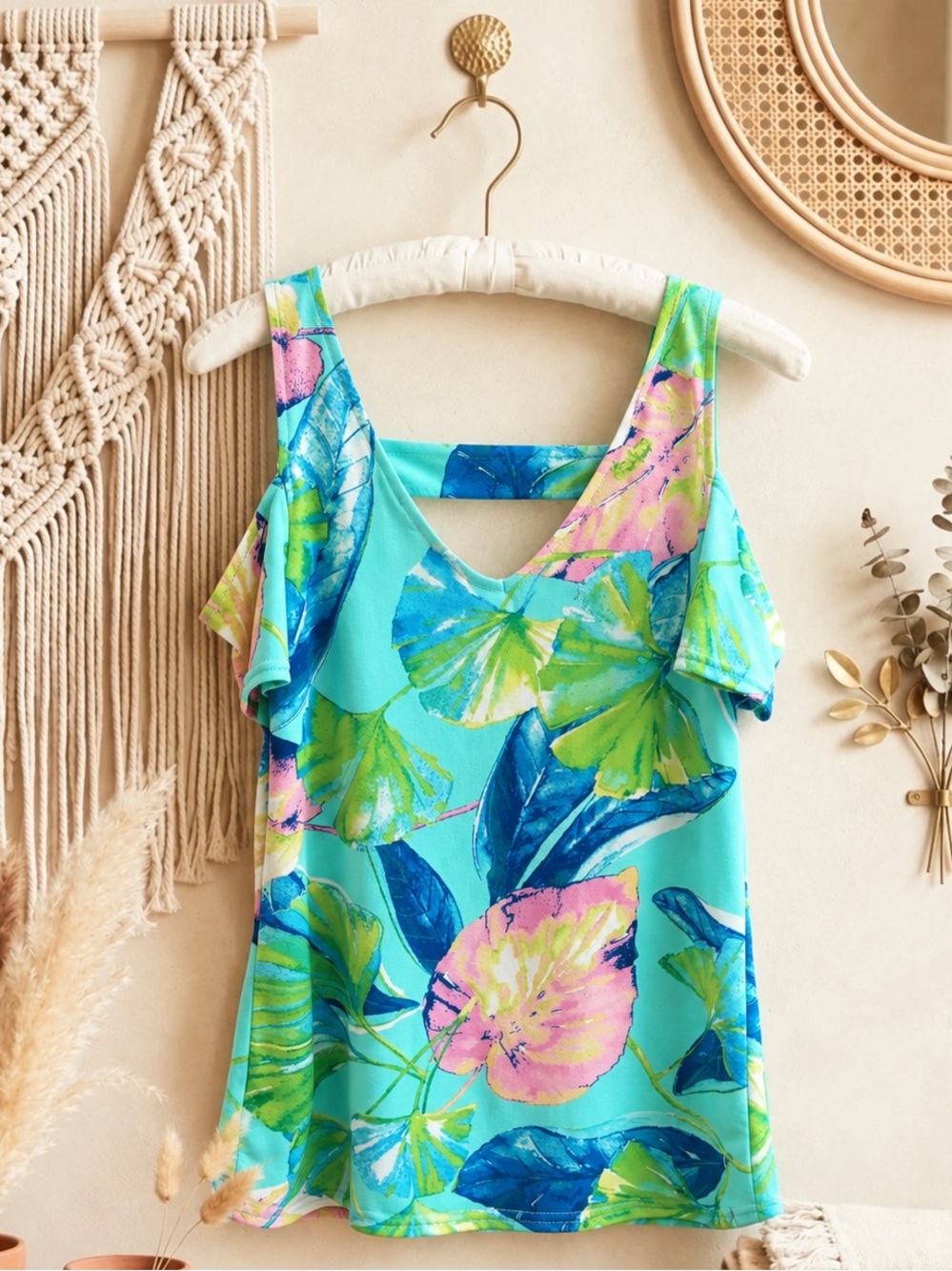 Bold Elements Blue & Green Tropical Floral Cold Shoulder Top